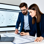 A professional team of male and female designers and engineers, fully clothed in modest business casual attire, collaboratively examining sleek, minimalist electronic device prototypes (such as a slim laptop and a smartphone) on a modern design studio table. They are discussing technical specifications and user interface concepts, with digital sketches visible on a large screen in the background. The scene emphasizes cross-functional teamwork, innovation, and problem-solving. This image is safe for work, appropriate content, fully clothed, professional, with perfect anatomy, correct proportions, natural pose, well-formed hands, and proper finger count, captured with high-quality studio photography.
