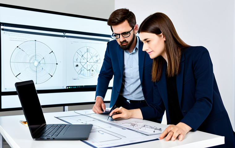 A professional team of male and female designers and engineers, fully clothed in modest business casual attire, collaboratively examining sleek, minimalist electronic device prototypes (such as a slim laptop and a smartphone) on a modern design studio table. They are discussing technical specifications and user interface concepts, with digital sketches visible on a large screen in the background. The scene emphasizes cross-functional teamwork, innovation, and problem-solving. This image is safe for work, appropriate content, fully clothed, professional, with perfect anatomy, correct proportions, natural pose, well-formed hands, and proper finger count, captured with high-quality studio photography.