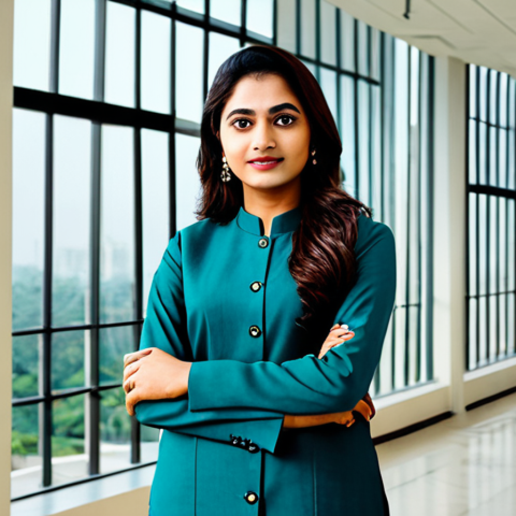 공업디자인과 웨어러블 디바이스 - "A professional businesswoman in a modest, tailored salwar kameez, standing confidently in a modern ...