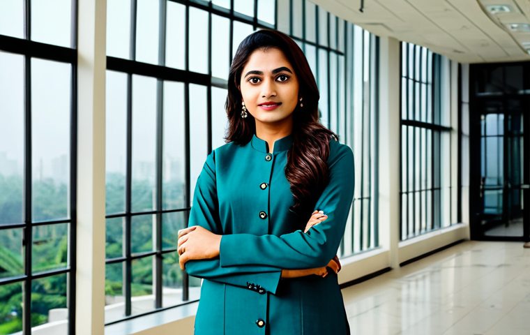 공업디자인과 웨어러블 디바이스 - "A professional businesswoman in a modest, tailored salwar kameez, standing confidently in a modern ...