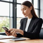 Home 16 공업디자인과 플렉서블 디스플레이 - **Prompt:** "A sophisticated woman in her late 20s, dressed in a stylish, modest business casual out...