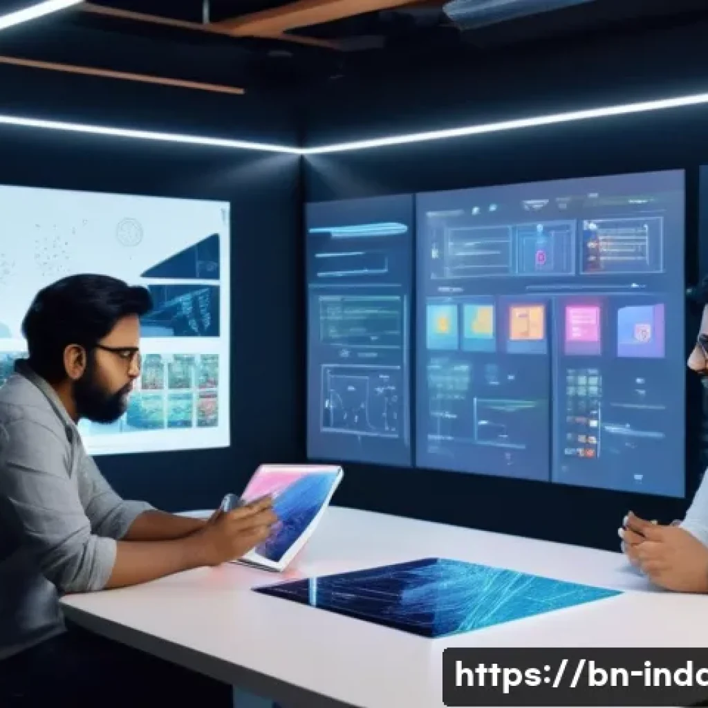 공업디자인과 AI 기반 제품 디자인 - A futuristic design studio scene showing a diverse group of Bengali designers collaborating with AI-...