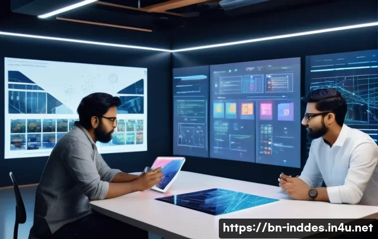 공업디자인과 AI 기반 제품 디자인 - A futuristic design studio scene showing a diverse group of Bengali designers collaborating with AI-...