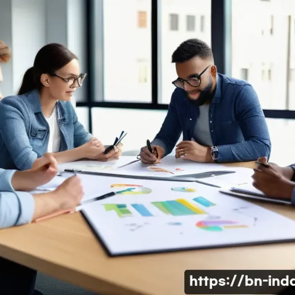 디자인 씽킹과 공업디자인 - A collaborative design team brainstorming session in a modern office, featuring diverse professional...