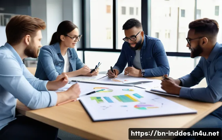 디자인 씽킹과 공업디자인 - A collaborative design team brainstorming session in a modern office, featuring diverse professional...