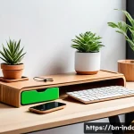 Home 19 공업디자인과 사무용품 디자인 - A modern, ergonomic office workspace featuring a sleek smart desk organizer made from natural wood a...