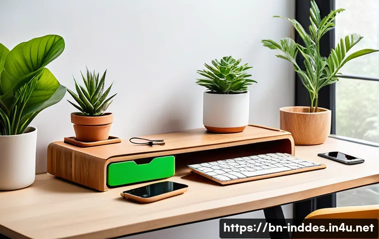 공업디자인과 사무용품 디자인 - A modern, ergonomic office workspace featuring a sleek smart desk organizer made from natural wood a...