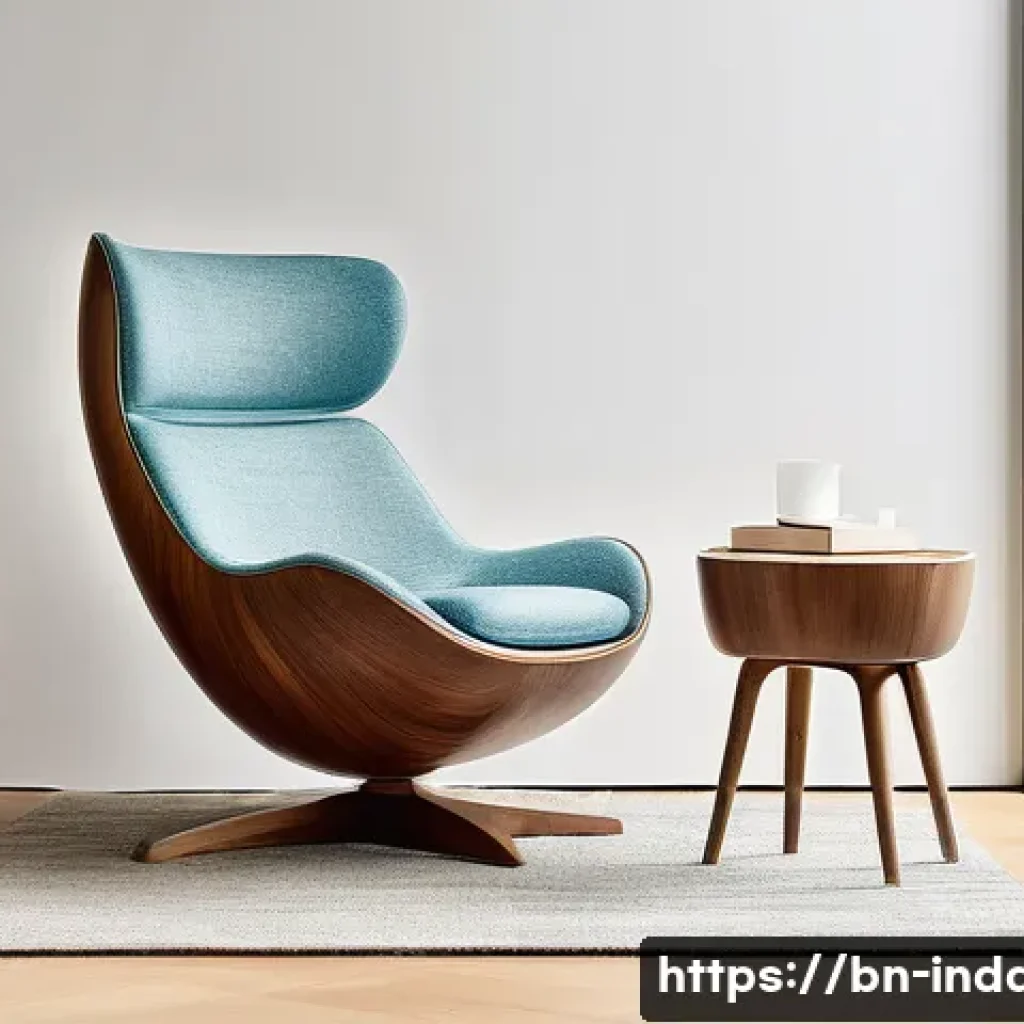 공업디자인과 조명 디자인 - A modern ergonomic chair designed with a blend of creativity and practicality, featuring smooth wood...