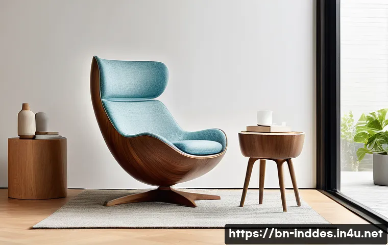 공업디자인과 조명 디자인 - A modern ergonomic chair designed with a blend of creativity and practicality, featuring smooth wood...