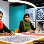 공업디자인과 브랜드 콜라보레이션 - A vibrant collaborative workspace showcasing a Bangladeshi artist and a designer working together on...