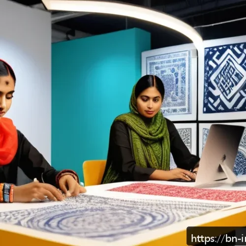 공업디자인과 브랜드 콜라보레이션 - A vibrant collaborative workspace showcasing a Bangladeshi artist and a designer working together on...