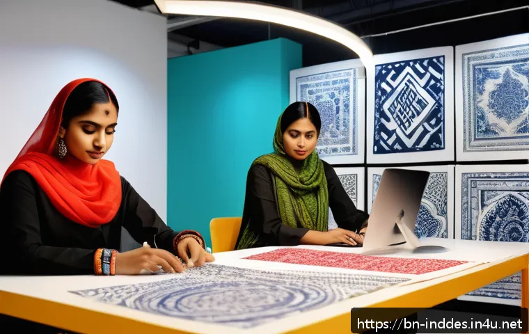 공업디자인과 브랜드 콜라보레이션 - A vibrant collaborative workspace showcasing a Bangladeshi artist and a designer working together on...