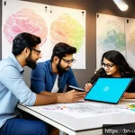 제품 디자인 프로세스 - A creative workspace scene showing a diverse Bengali design team brainstorming around a large table ...