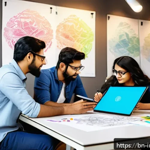 제품 디자인 프로세스 - A creative workspace scene showing a diverse Bengali design team brainstorming around a large table ...
