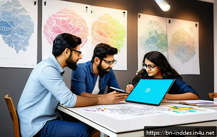 제품 디자인 프로세스 - A creative workspace scene showing a diverse Bengali design team brainstorming around a large table ...