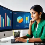 공업디자인 마케팅 전략 - A vibrant digital marketing workspace featuring a young Bengali professional woman analyzing colorfu...