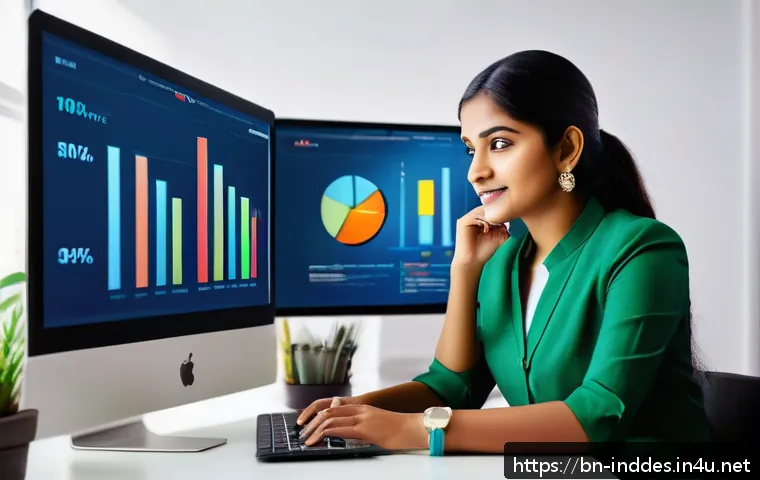 공업디자인 마케팅 전략 - A vibrant digital marketing workspace featuring a young Bengali professional woman analyzing colorfu...