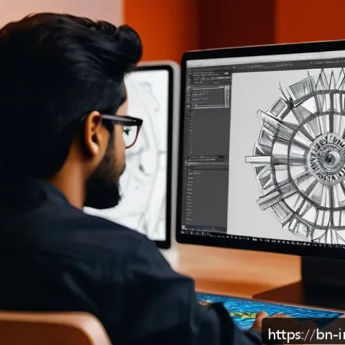 공업디자인 전공 과목 - A professional digital artist workspace showcasing a Bengali designer working on a modern computer w...